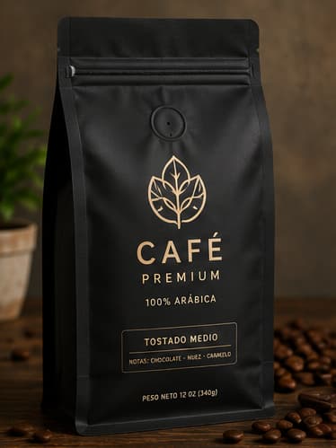 Empaque personalizado para café premium en bolsa negra mate